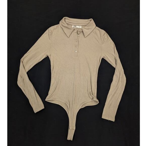 Elodie Light Brown collared ribbed long sleeve polo bodysuit Womens Medium - Picture 2 of 7